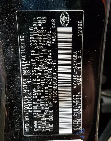 2013 Toyota Avalon Hybrid from USA, damaged, VIN 4T1BD1EB9DU007715